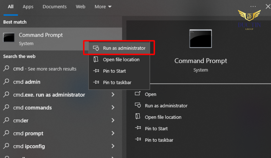 Mở phần mềm Command Prompt với quyền Administrator